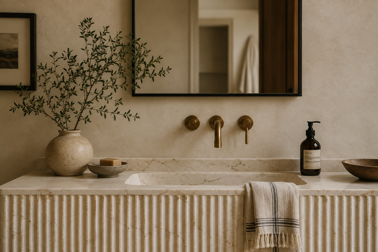 Bathroom with beige textured wall, large rectangular mirror, wall-mounted brass faucet, ceramic vessel sink, a small soap dish with soap, a dark glass soap pump, a round wooden bowl, and a plant in a textured beige vase, with a white towel hanging on the sink front.
