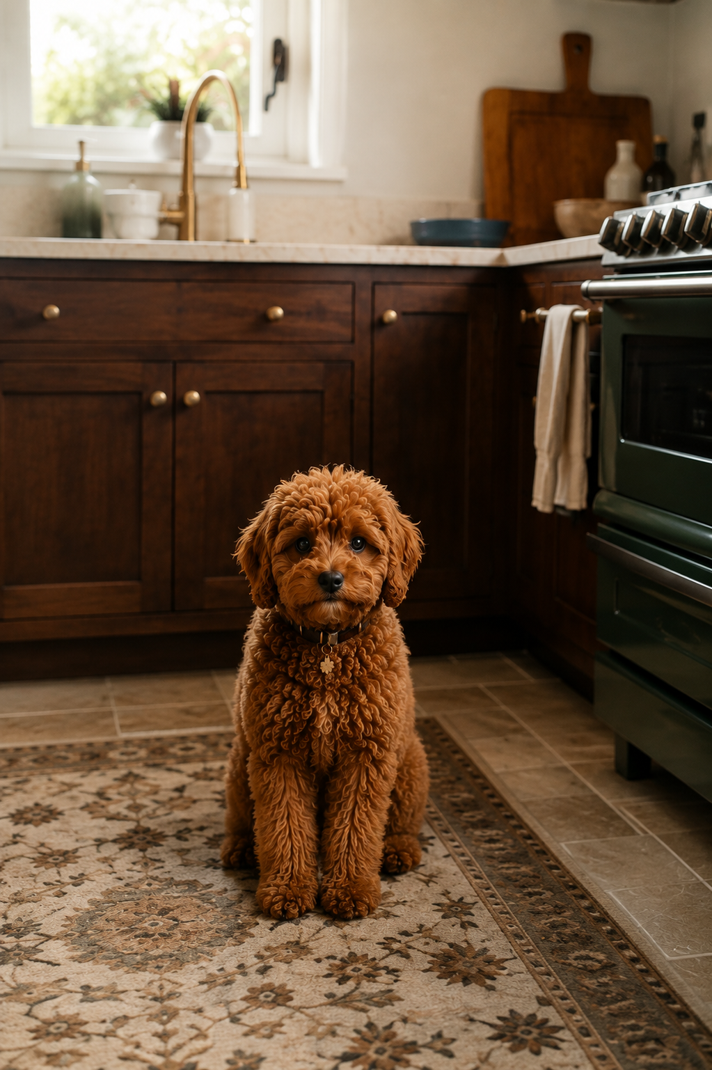 A small, curly-haired brown puppy sitting on a patterned rug in a kitchen with wooden cabinets, a window, and a stove.