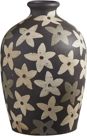 Ceramic vase with a black background and beige floral pattern.