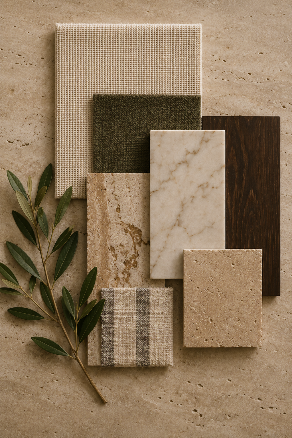 A variety of fabric swatches, marble and wood samples, and a green leafy branch arranged on a beige textured surface.