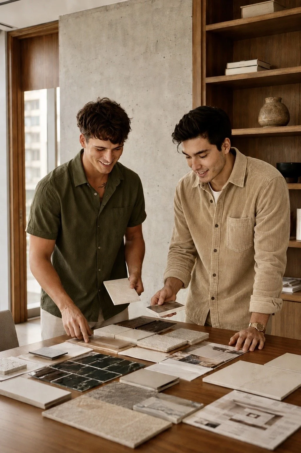 Two men looking at various tile samples on a wooden table, in a modern room with wooden shelves and a window in the background.