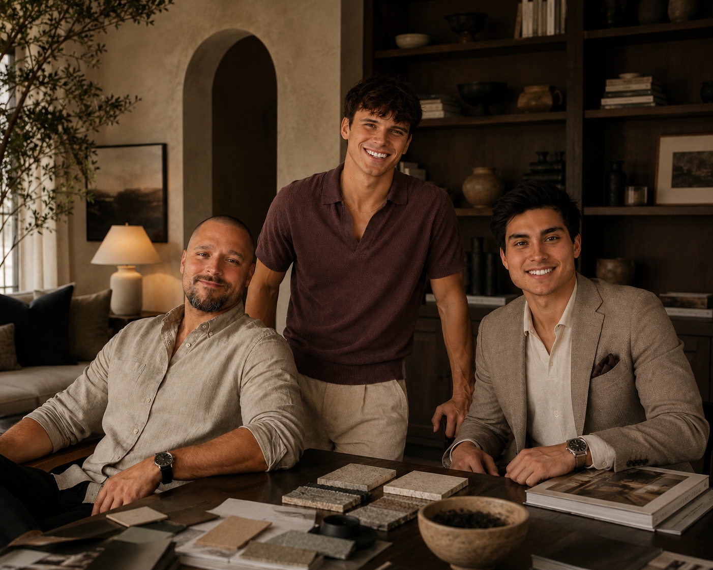 Three men sit and stand around a table with fabric samples, smiling in a cozy, well-decorated room.