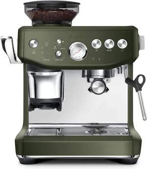 A Breville espresso machine with a green exterior, multiple control knobs, a gauge, and a portafilter attached for brewing espresso.