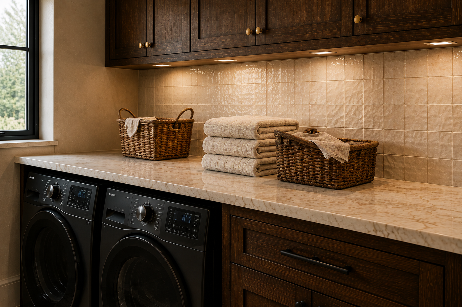Laundry room with a beige marble countertop, dark wooden cabinets, two baskets, folded towels, and a washing machine.