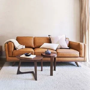 Living room with a brown leather sofa, white pillows, and small wooden coffee tables on a light-colored rug.