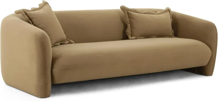 A beige fabric sofa with two matching cushions.