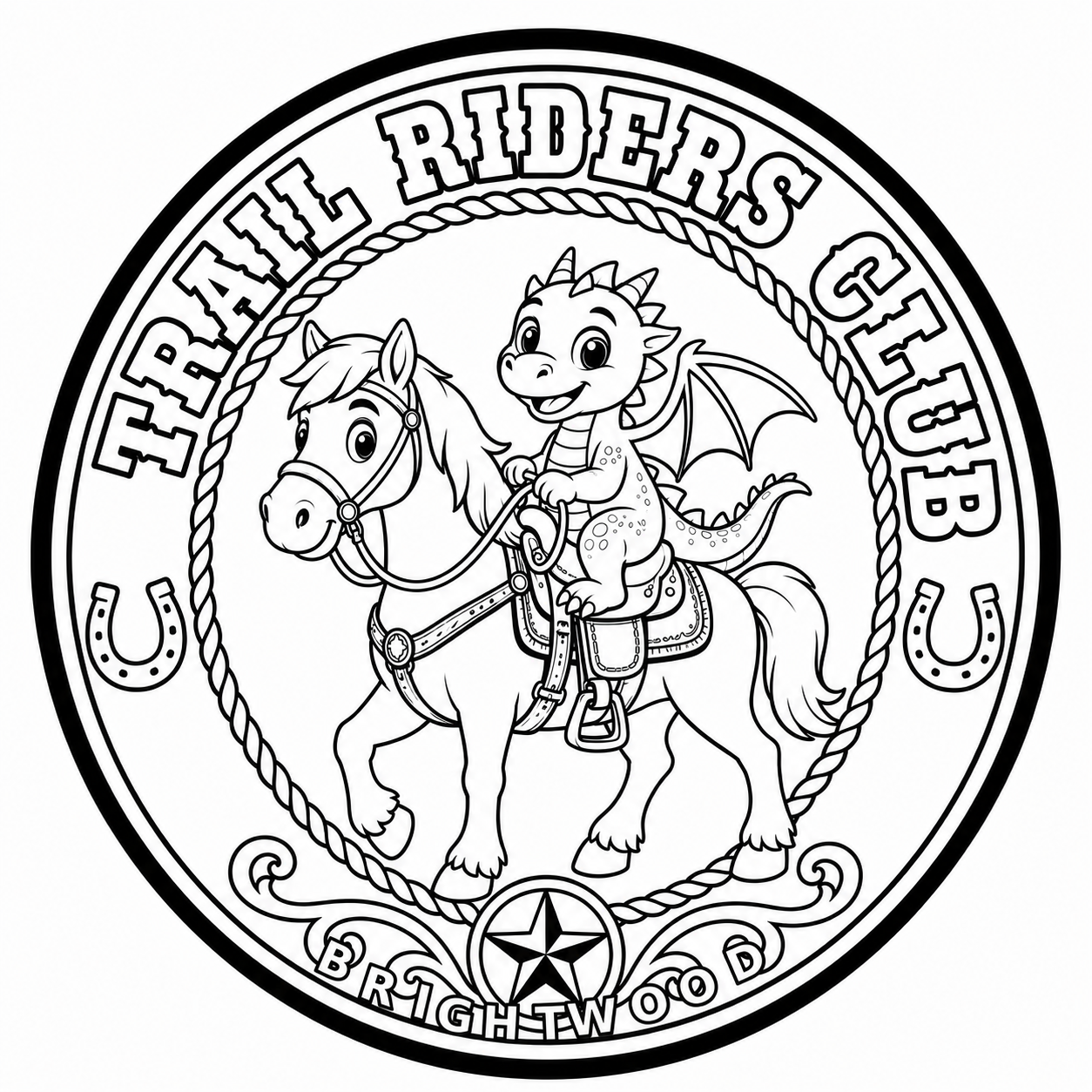 A children's coloring page featuring a cartoon dragon riding a horse, surrounded by a circular border with the words 'Trail Riders Club' and a star emblem at the bottom.