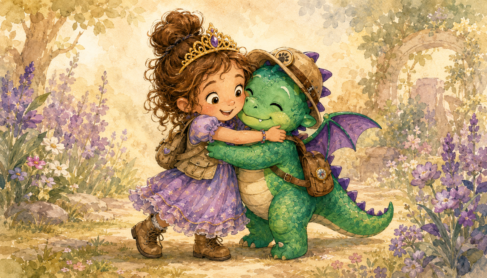 A young girl in purple dress and boots hugging a friendly cartoon dragon with purple wings and a safari hat, in a garden with purple and white flowers.