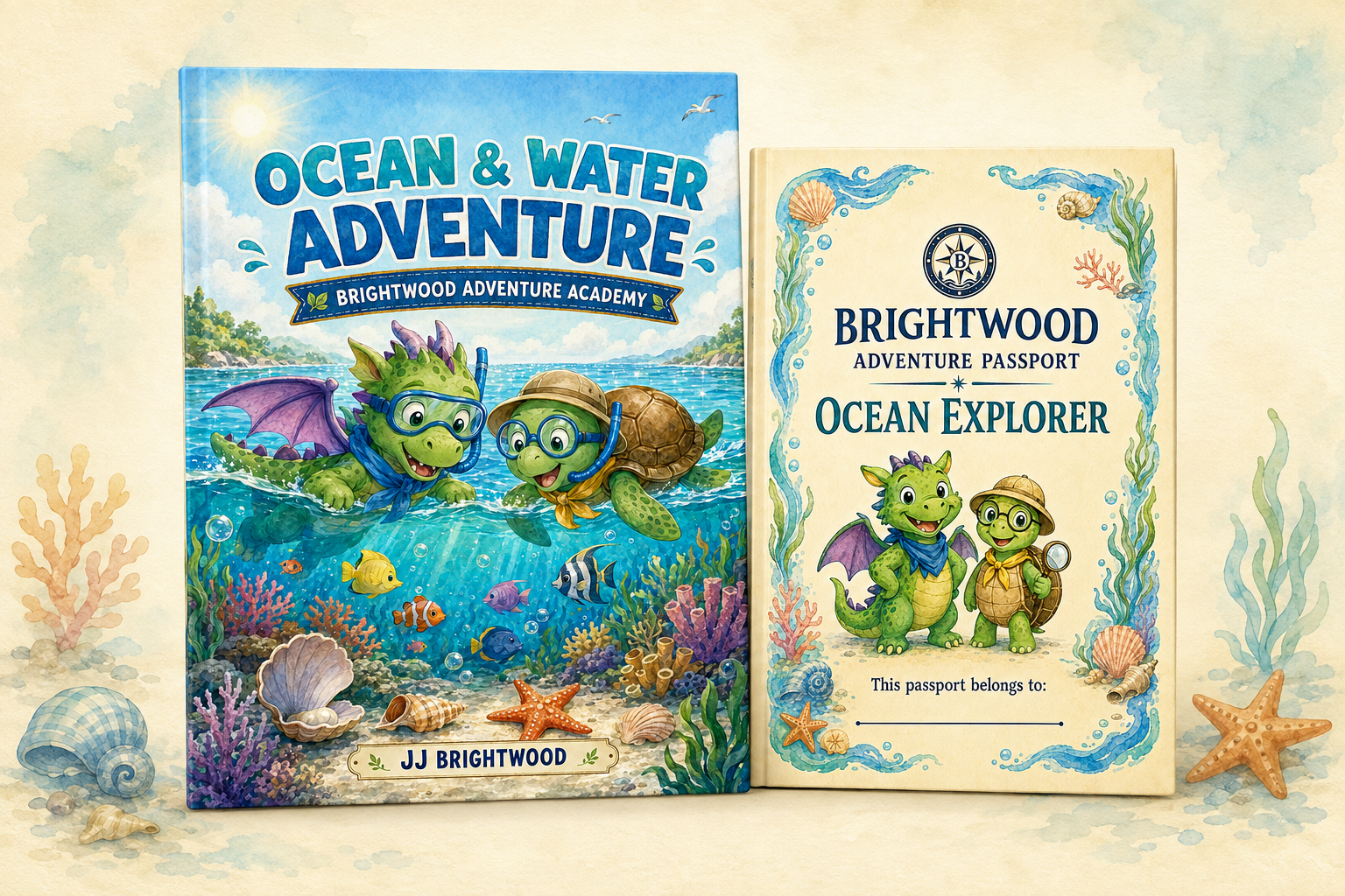 Children's books titled "Ocean & Water Adventure" and "Ocean Explorer" featuring friendly cartoon sea creatures and dragons with seashells, starfish, and coral in the background.
