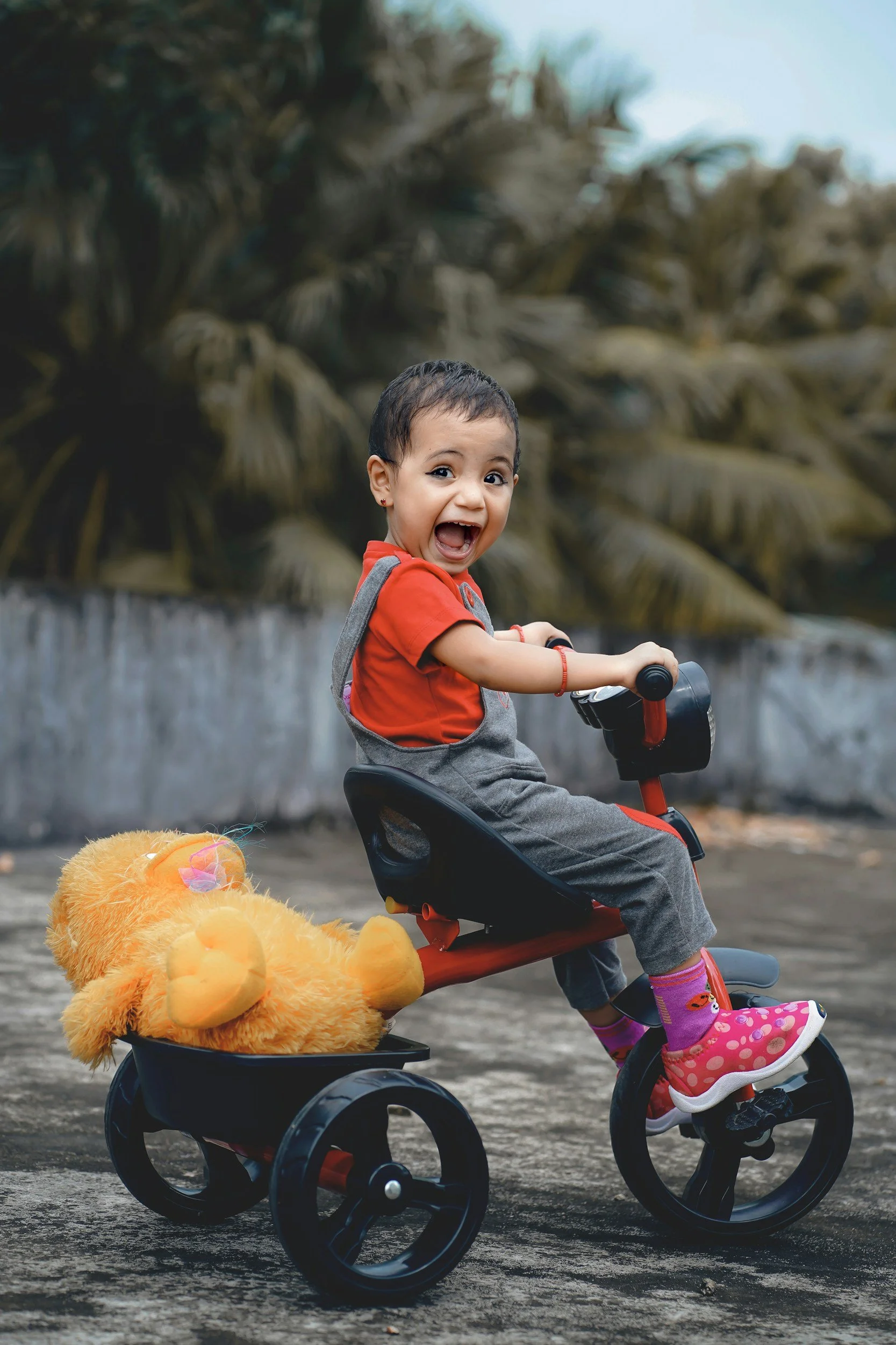 A young girl riding a small bicycle with training wheels, smiling and looking over her shoulder. She has a teddy bear in the back compartment of the bike. She is wearing a red shirt, gray overalls, pink socks, and pink rain boots with a ladybug design. The background includes blurred foliage and a cloudy sky.