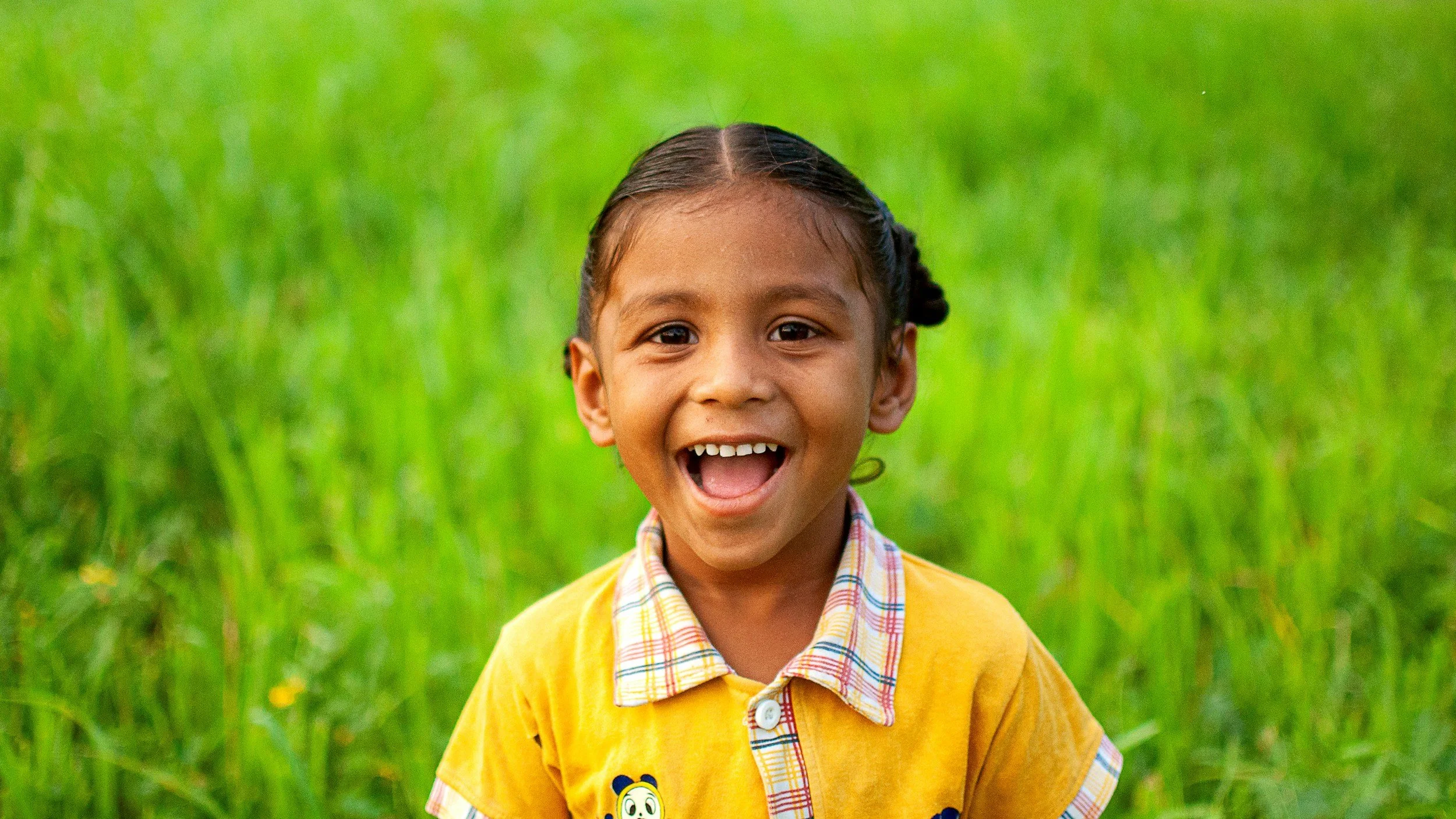 A young boy with dark hair smiling and wearing a yellow shirt with a plaid collar, standing outdoors in a grassy area.