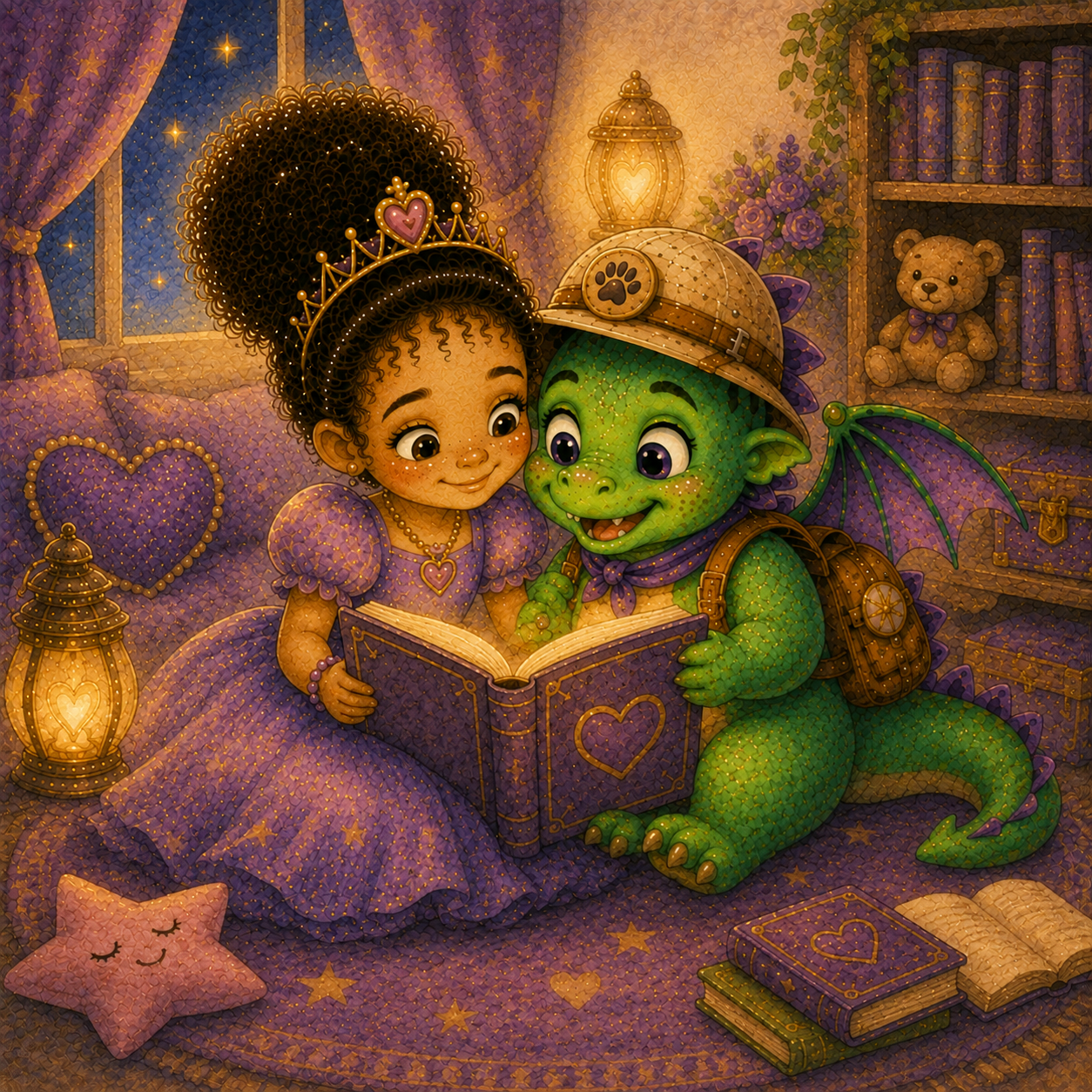 A girl with curly hair wearing a princess dress and tiara, and a cute green dragon with wings, sitting together and looking at a book in a cozy, purple-themed room decorated with lanterns, books, teddy bear, and star-shaped pillow.