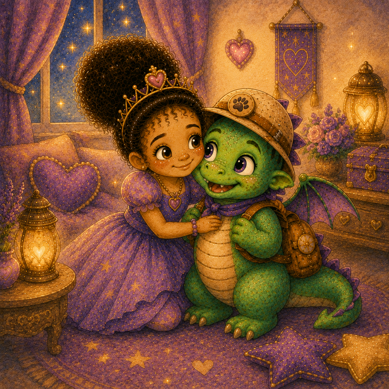 A girl with brown curly hair wearing a purple dress and crown, hugging a green baby dragon in a cozy, decorated room with purple curtains, starry night outside, and glowing lamps.