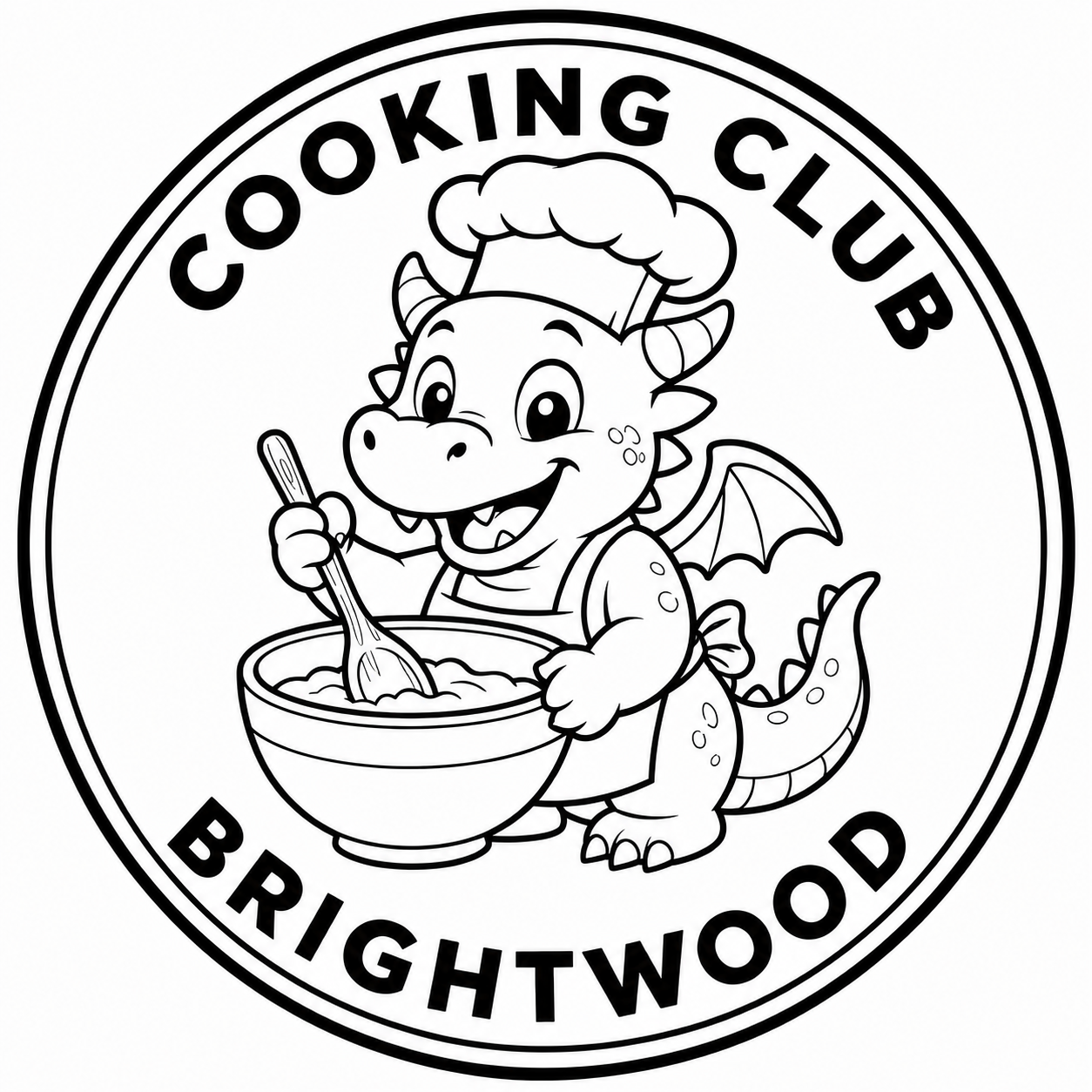 A cartoon dragon wearing a chef's hat and apron, holding a bowl and spoon, with the text 'Cooking Club Brightwood' around the circle.