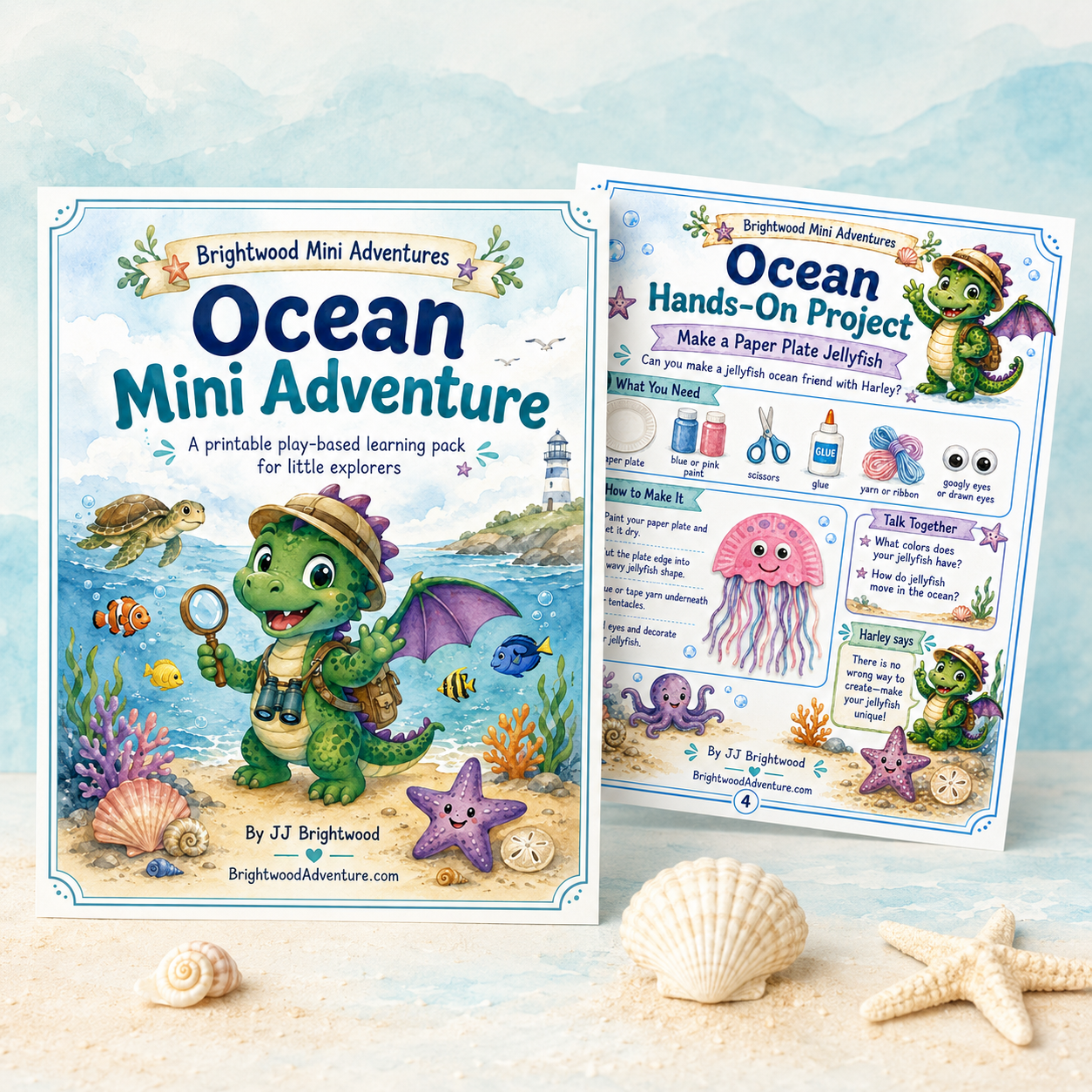 Colorful children's educational activity booklet titled 'Ocean Mini Adventure' with a cartoon alligator explorer holding binoculars, wearing a safari hat, on a beach scene with seashells, starfish, and coral in the foreground.
