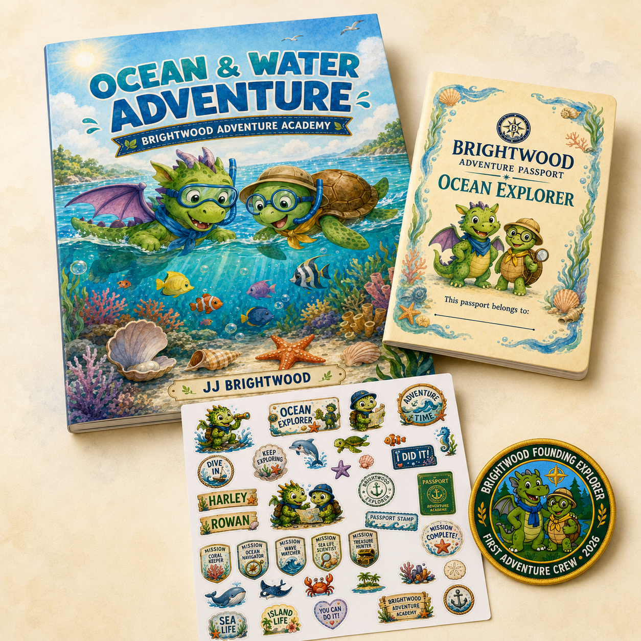 Sea-themed adventure items including a book titled 'Ocean & Water Adventure' by JJ Brightwood, a bright-colored adventure passport with a turtle and dragon character, a sheet of stickers with ocean and exploration themes, a round badge with turtle and dragon characters, and other related supplies.