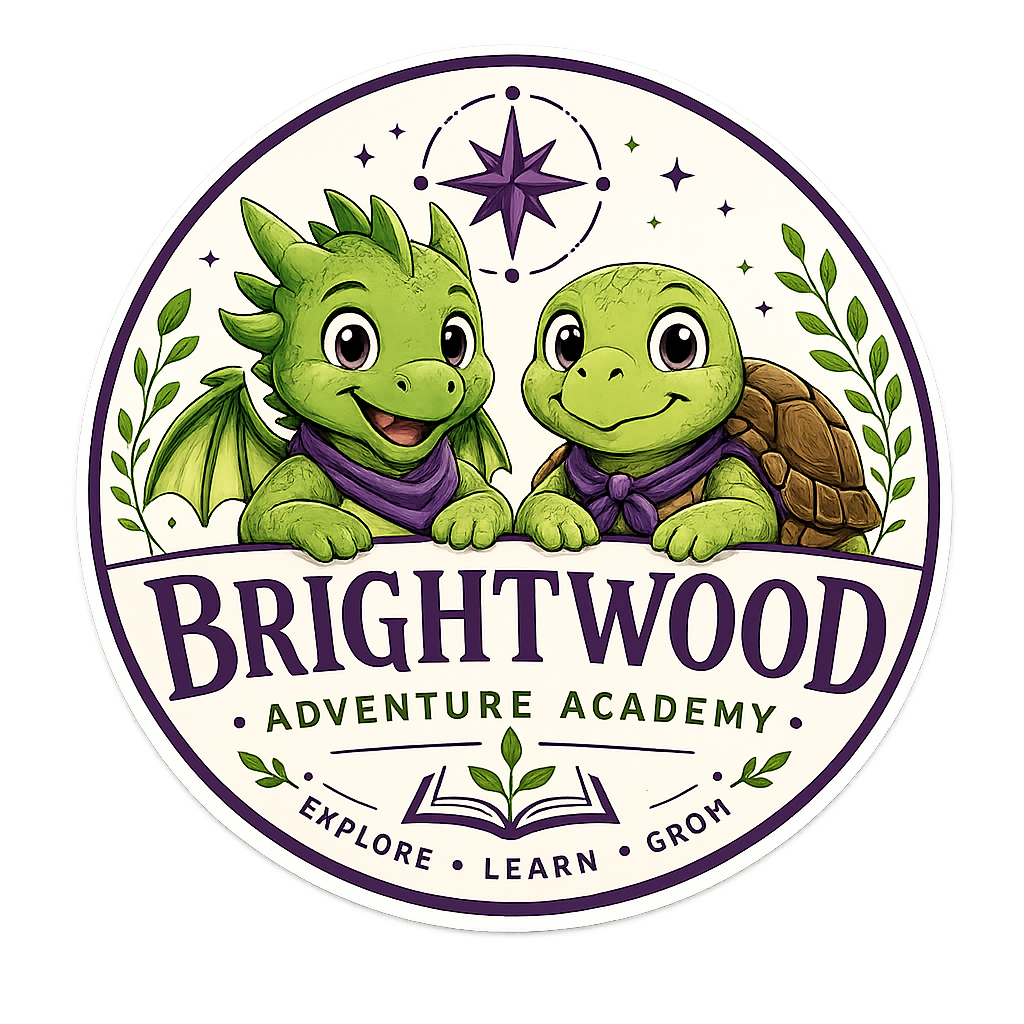 Logo for Brightwood Adventure Academy featuring two cartoon turtles, one with dragon wings and the other with a shell, both smiling and wearing purple scarves, surrounded by leafy branches, a compass rose, and an open book, with the words "Explore, Learn, Grom."