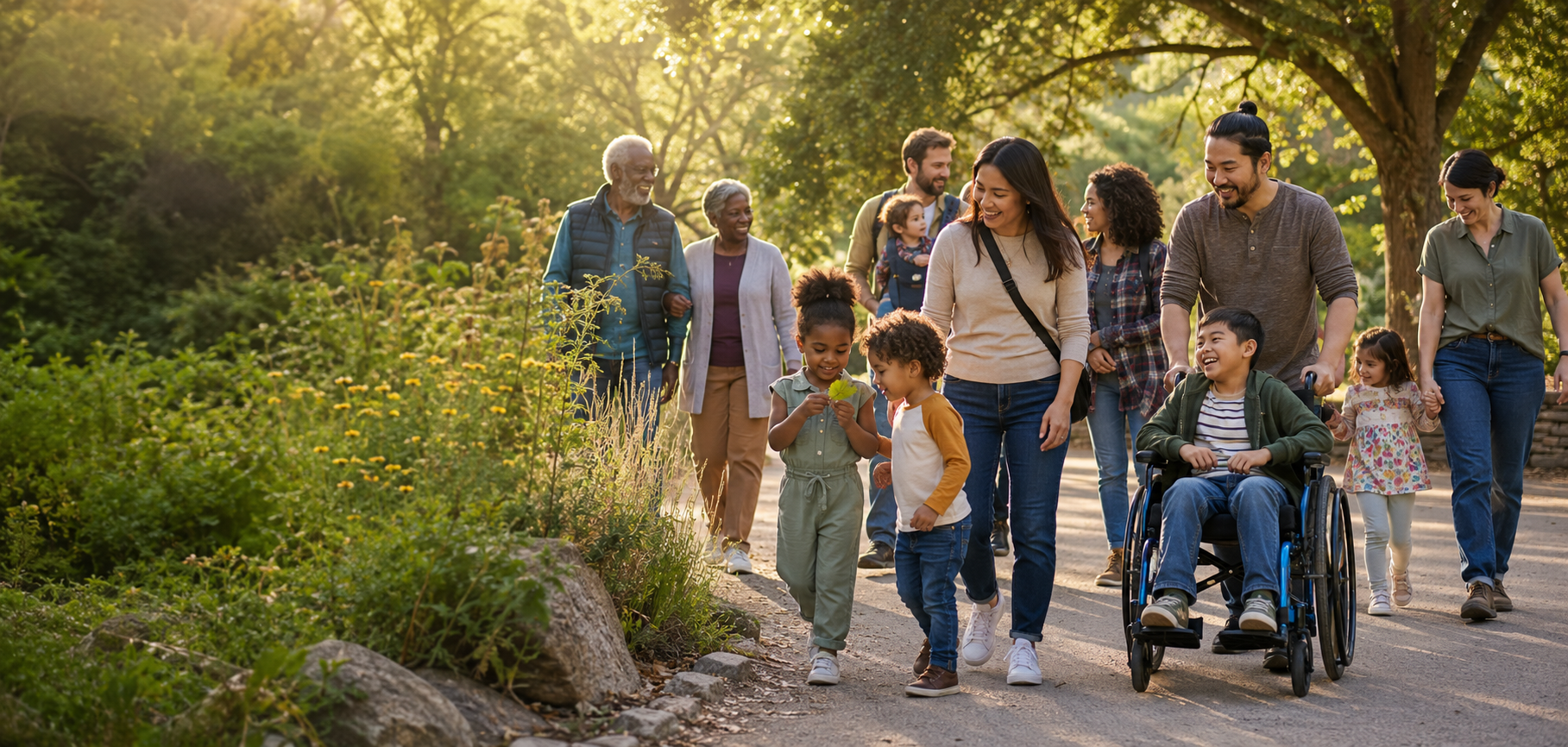 A diverse group of people, including children and elderly, enjoying a walk in a park during sunset. They are smiling, chatting, and holding hands.