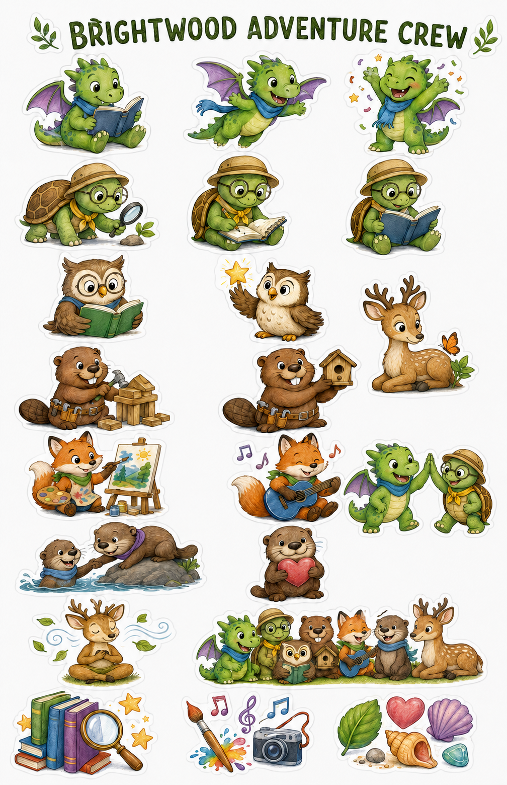 Colorful cartoon illustration of the Brightwood Adventure Crew, including dragons, turtles, owls, otters, foxes, deer, and bears, engaging in various activities like reading, exploring, playing instruments, and observing nature.