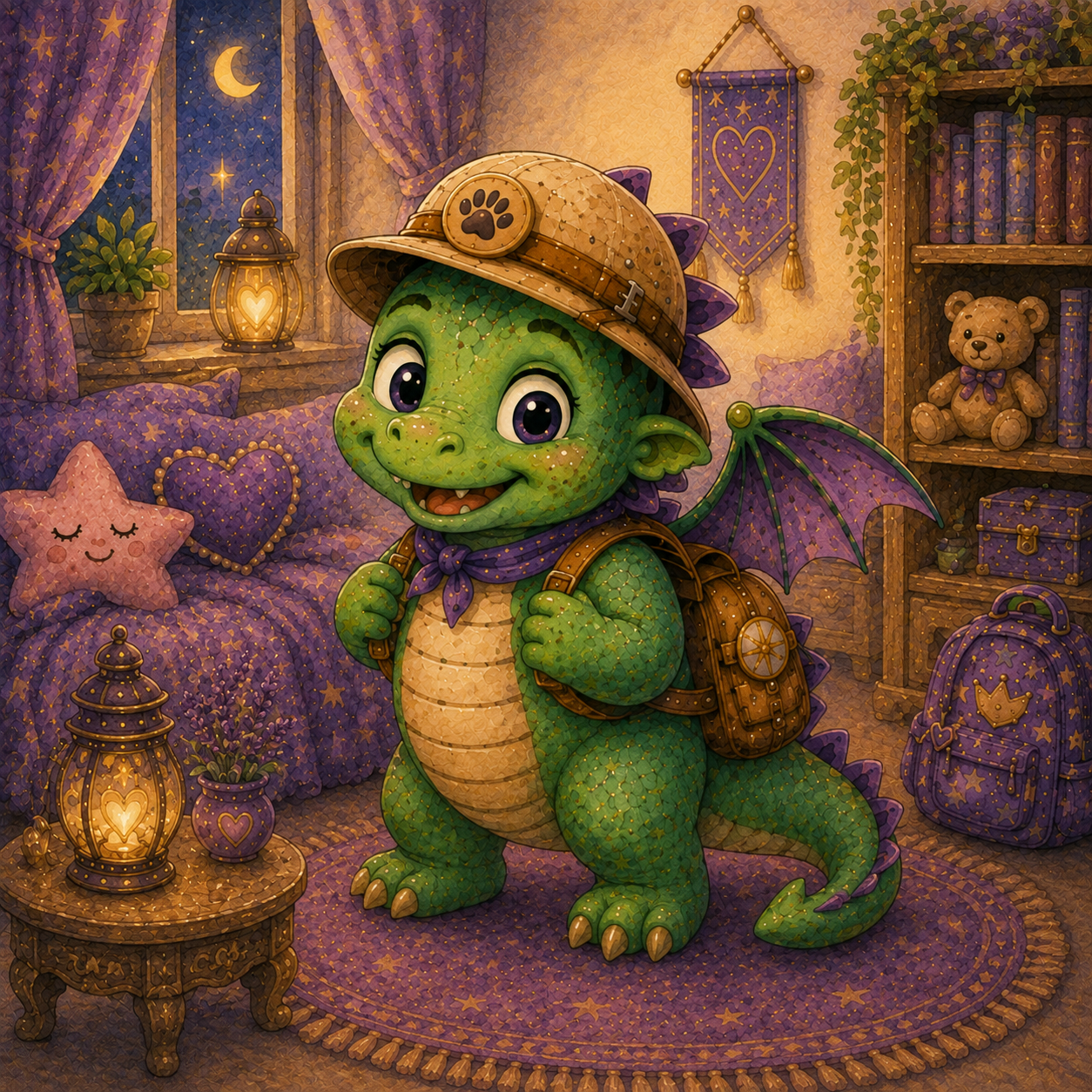 A cute green dragon with purple wings and a safari hat stands in a cozy, purple-themed bedroom. The dragon has large, expressive eyes, a small smile, and wears a purple scarf and a backpack. The room is decorated with heart and star motifs, with a purple bed featuring a pink star-shaped pillow and a purple heart-shaped pillow, both with closed eyes. There is a cozy window with purple curtains and starry night sky visible, a glowing lantern on a small table, a bookshelf filled with books, a teddy bear, and a purple backpack with star and crown designs. The overall scene is warm, magical, and whimsical.