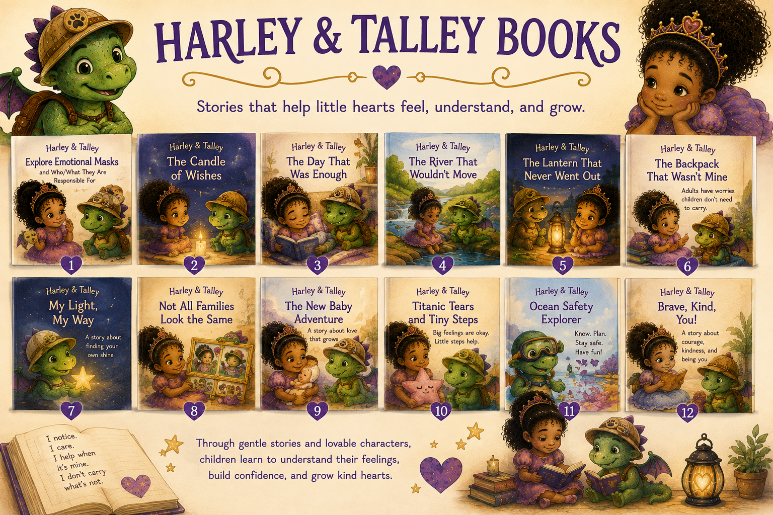 Display of children's book covers from the Harley & Talley series, featuring colorful illustrations of a young girl and a green dragon in various story settings. Titles include 'Explore Emotional Masks,' 'The Candle of Wishes,' 'The Day That Was Enough,' 'The River That Woudn't Move,' and more, each with descriptive subtitles. Two characters, a girl and a dragon, are shown sitting and reading together, surrounded by decorative stars, hearts, and books.