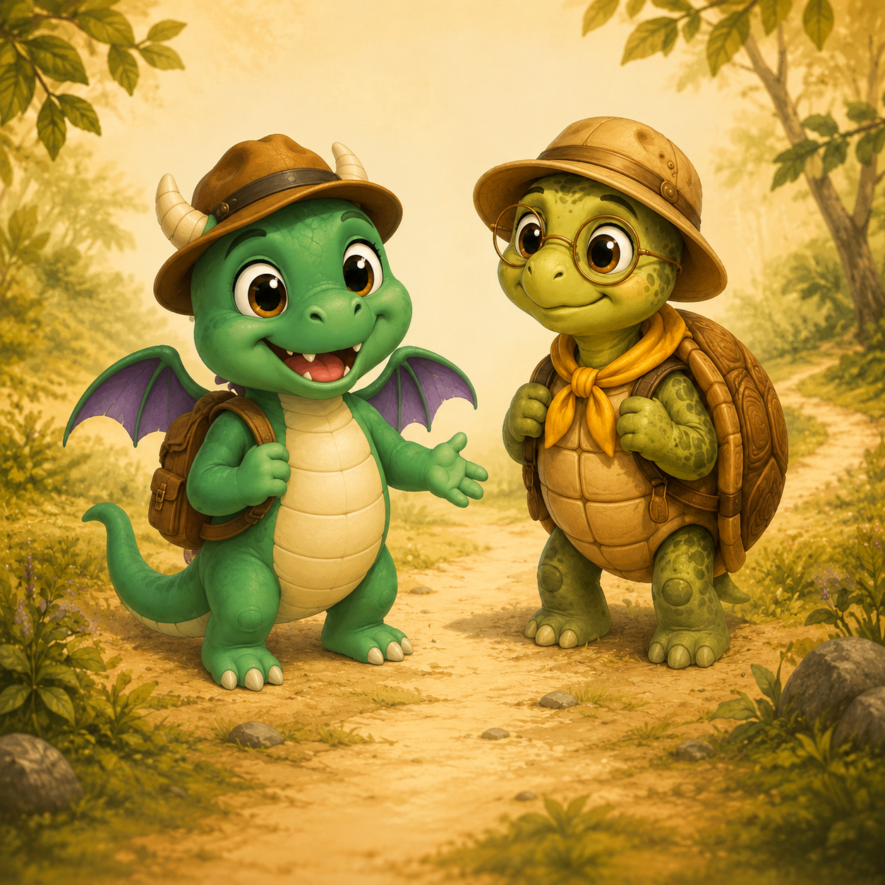 Two animated cartoon baby dragons dressed as explorers standing on a dirt path in a forest scene. One is green with purple wings, wearing a hat with horns, and the other is green with a turtle shell backpack, glasses, and a yellow bandana.