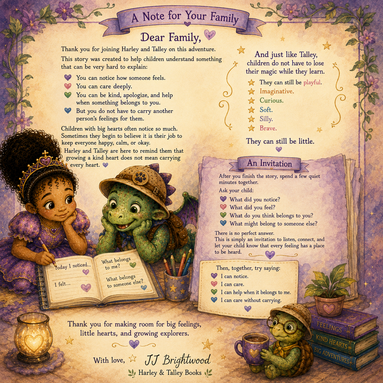 A colorful illustrated page from a children's book with a message for family about feelings, kindness, and understanding. The page features two cartoon characters, a girl with a tiara and a frog with a hat, sitting on the floor surrounded by books, a cup, a plant, and a candle, with decorative flowers and stars framing the text.