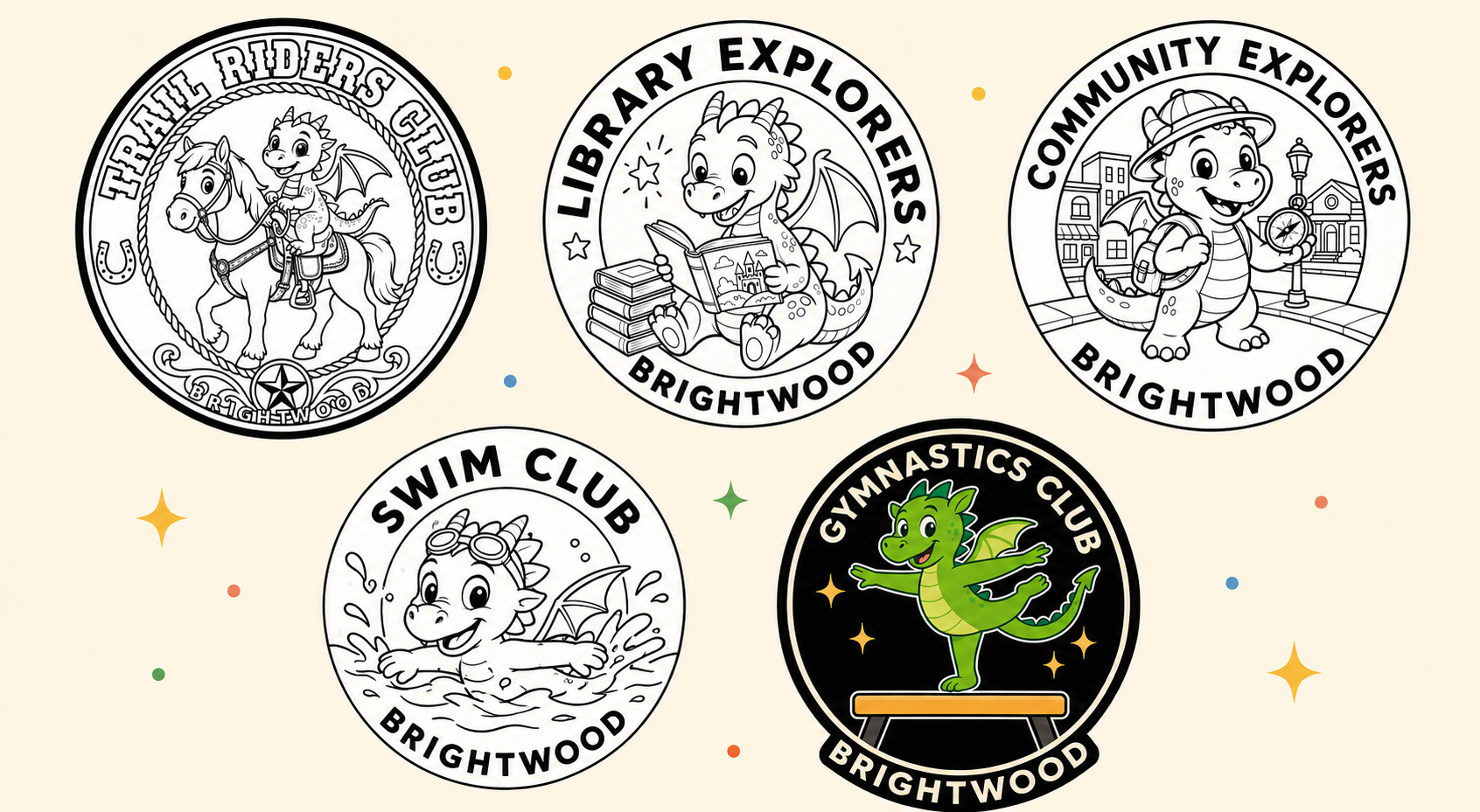 Coloring page stickers of cartoon dragons in various activities and settings. Each sticker has a label reading 'Thorough Riders Club,' 'Library Explorers,' 'Community Explorers,' 'Swim Club,' and 'Gymnastics Club' with 'Brightwood' underneath.