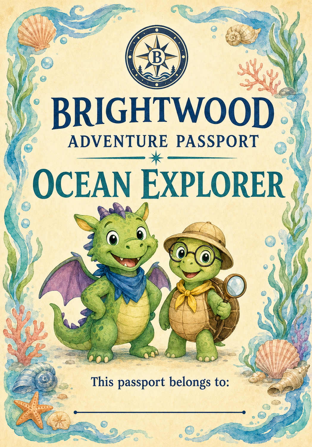 Colorful illustration of a dragon and a turtle dressed as explorers, with seashells, coral, and seaweed decorations, on an ocean-themed adventure passport cover.
