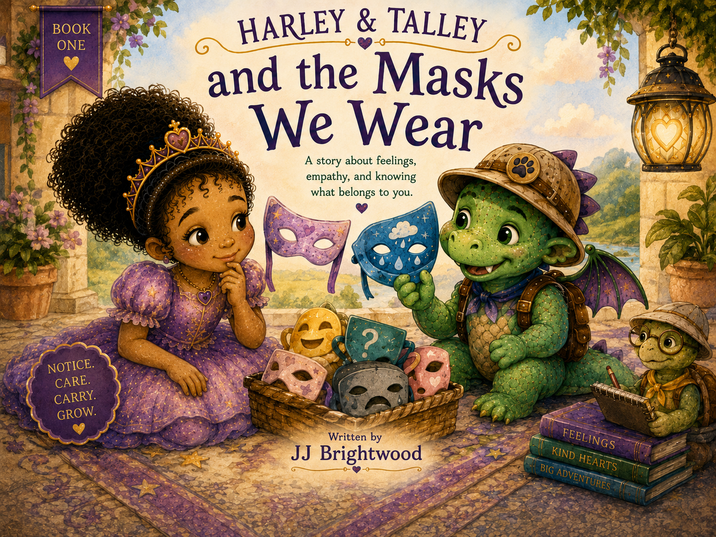 Cover of a children's book titled 'Harley & Talley and the Masks We Wear', showing a young girl with curly hair dressed in purple, and a green dragon wearing a hat, sitting on a patterned rug with masks and books around them, set against a background of an outdoor scene with trees and sky.