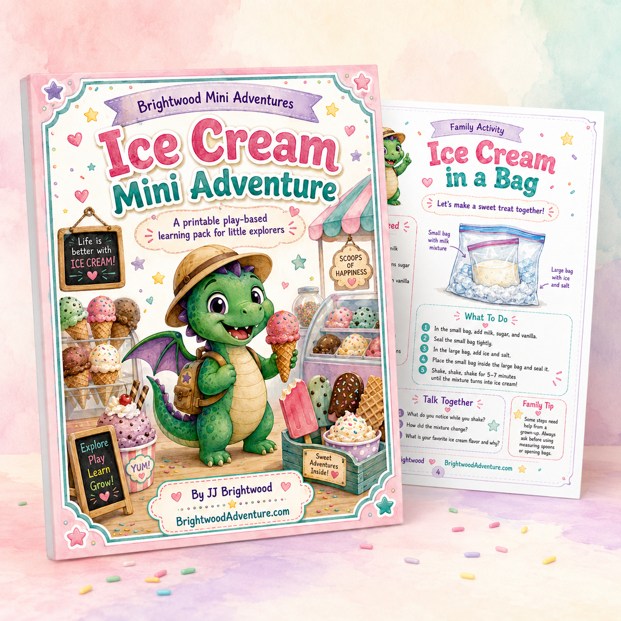 Colorful children's educational book titled 'Ice Cream Mini Adventure' featuring a friendly cartoon dragon holding an ice cream cone, with shelves of ice cream and a blackboard advertising activities.