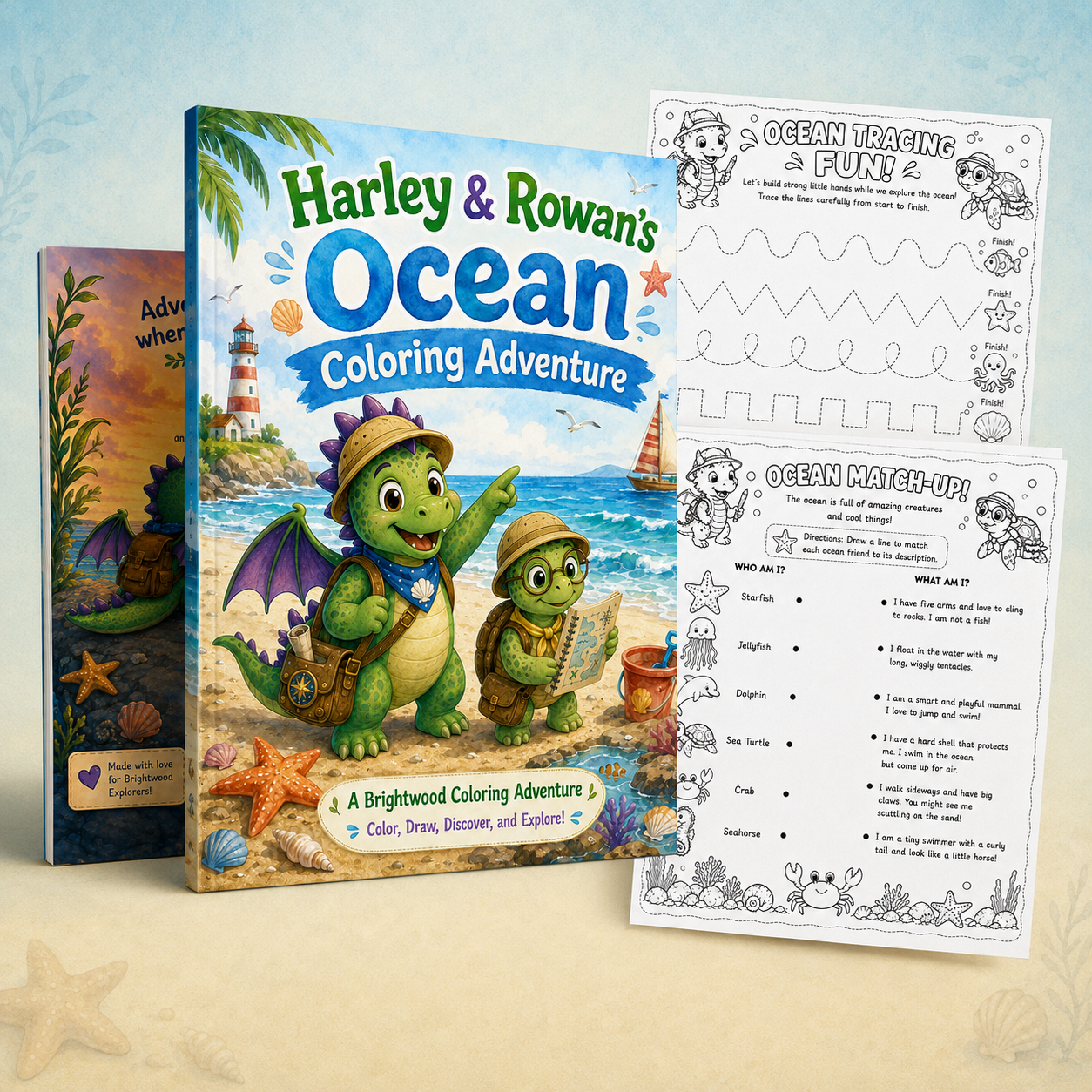 Children's coloring book titled 'Harley & Rowan's Ocean Coloring Adventure' with illustrations of two cartoon dragons exploring a beach, and ocean-themed activity sheets next to it.