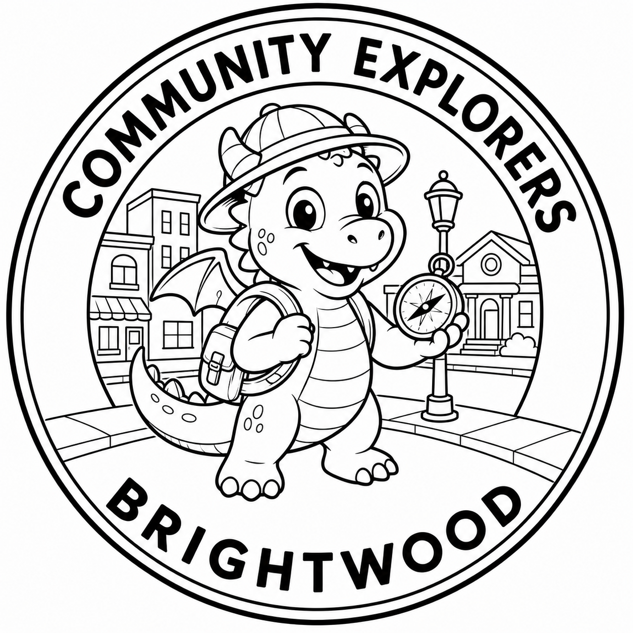 A black-and-white coloring page of a cartoon dragon dressed as a community explorer, holding a compass, with a backpack, on a city street with buildings and a lamppost, inside a circular badge with the text 'Community Explorers Brightwood'.