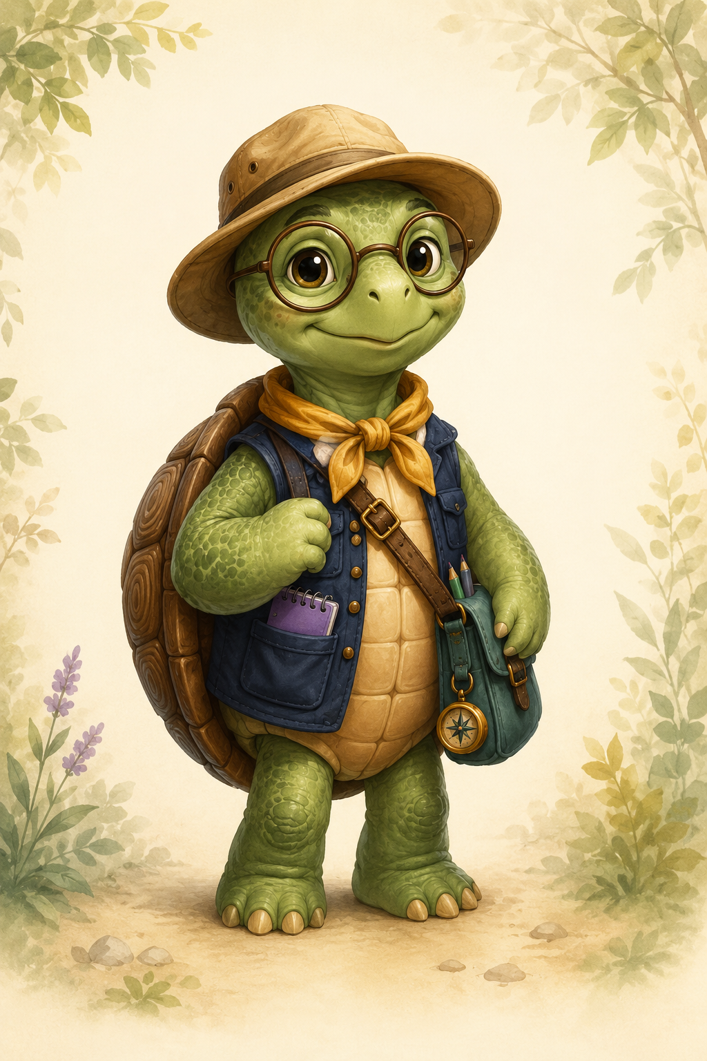 A cartoon turtle character dressed as a hiker, wearing a beige hat, glasses, a yellow neck scarf, a blue vest with a notebook in the pocket, and a backpack with a compass and writing utensils, standing on a nature-themed background.