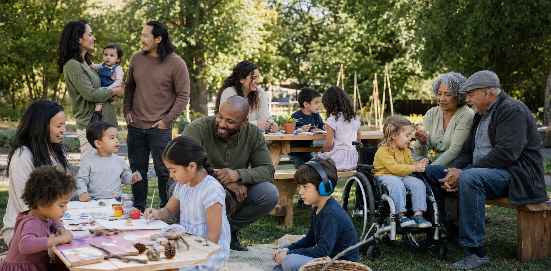 A diverse group of people, including children, teenagers, and adults, gathered outdoors in a park during daytime, engaging in arts and crafts and socializing.
