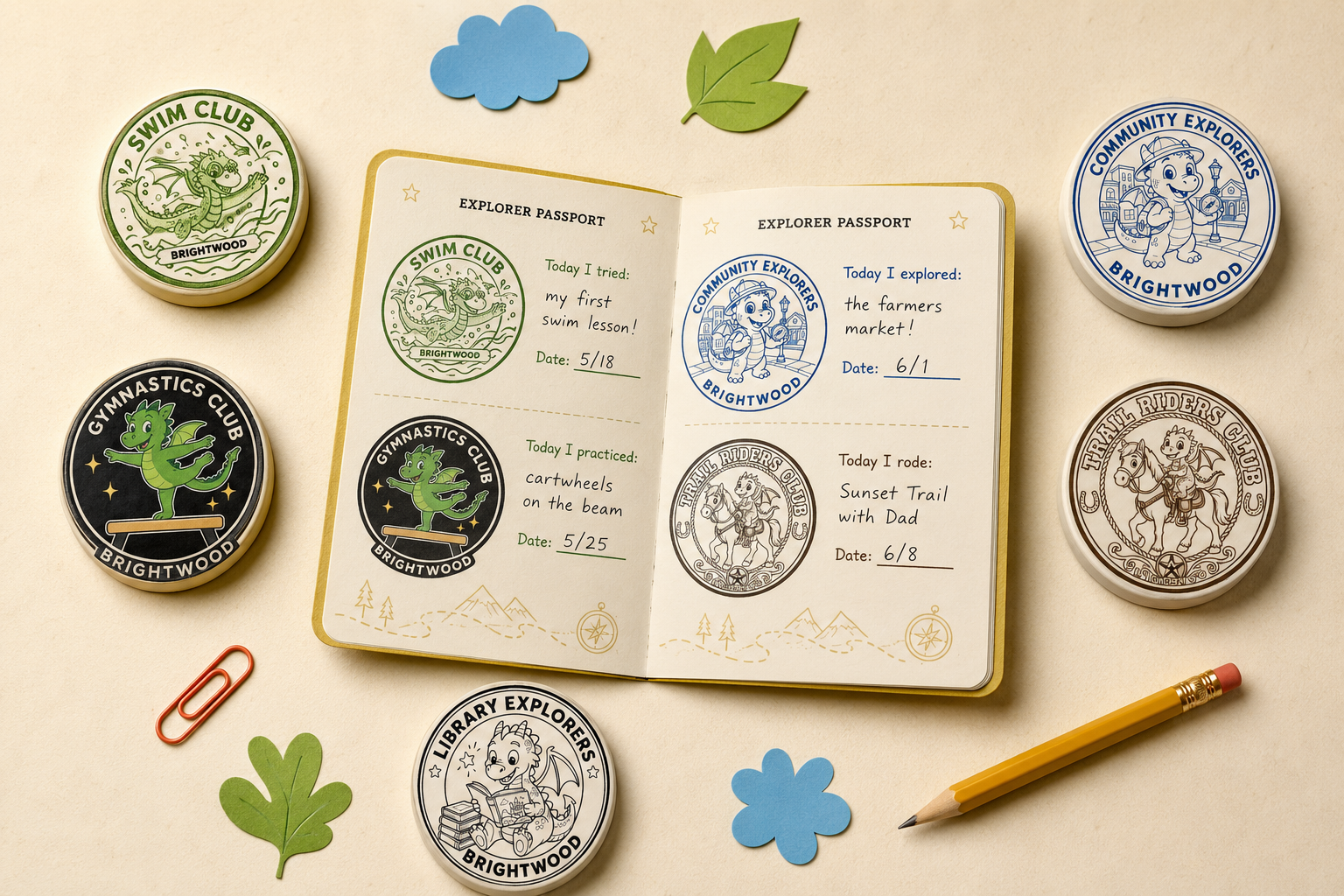 Open explorer journal with stamps from Brightwood's swim club, community explorers, gymnastics club, library explorers, and trail riders club; surrounded by paper cutouts of clouds, leaves, and flowers, a pencil, and paper clips on a beige background.