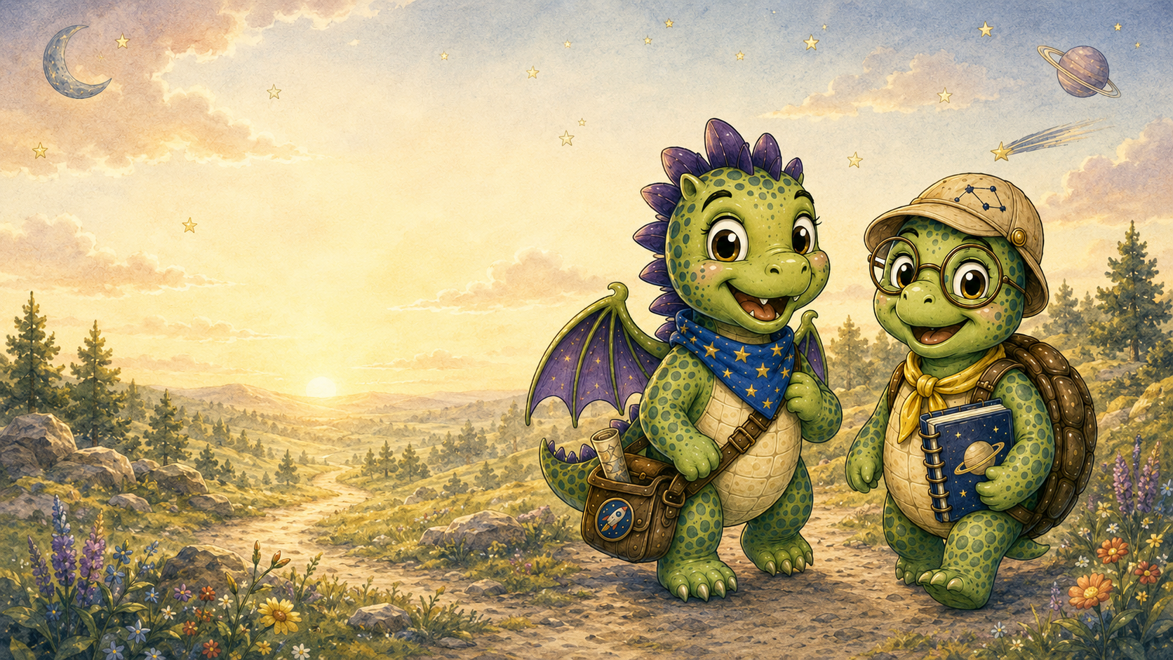 Two cartoon dinosaurs dressed as explorers walking on a trail in a scenic landscape with trees, rocks, and flowers at sunrise. One dinosaur wears glasses and a hat, holding a notebook, while the other has small wings, a backpack, and a scarf.