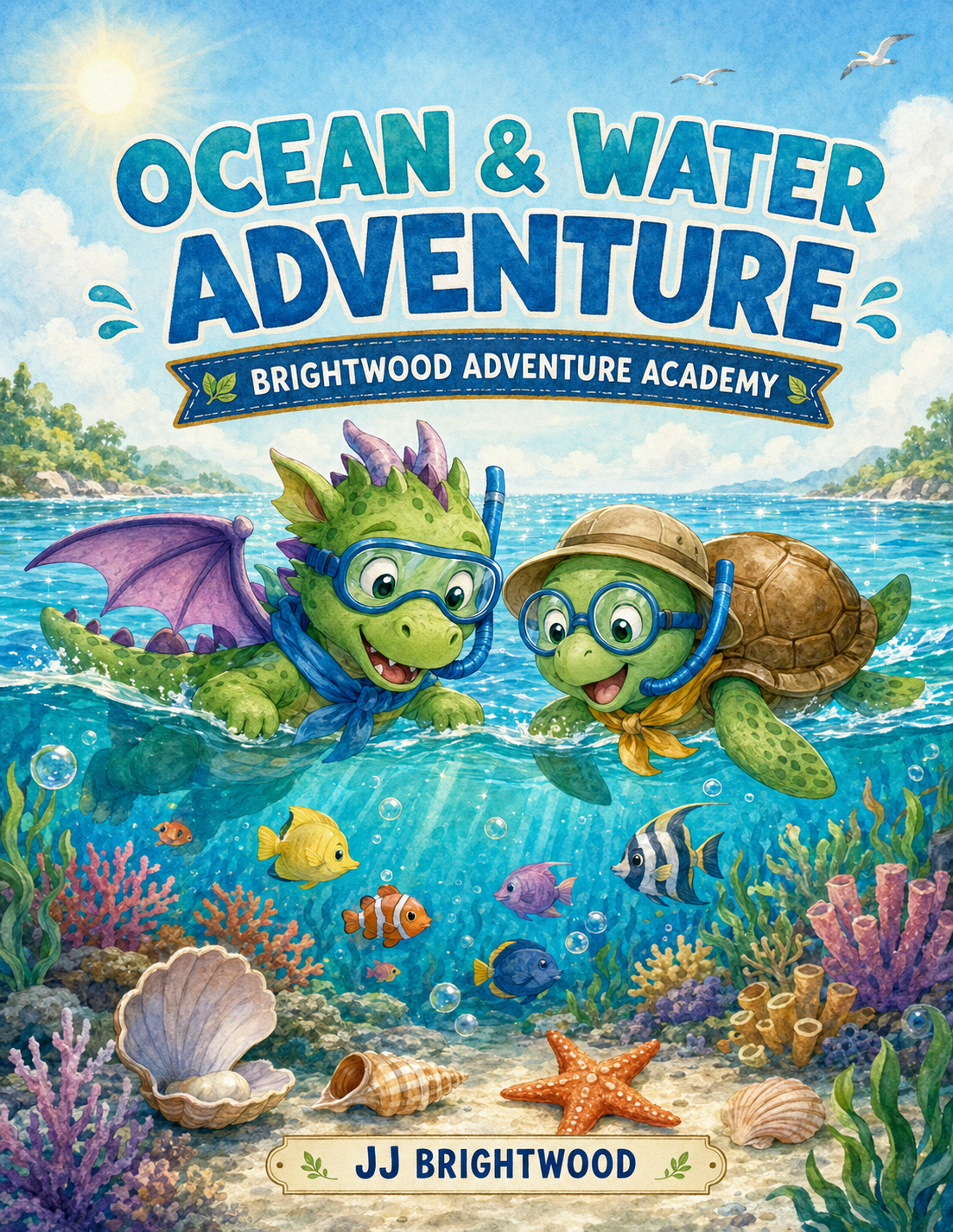 Book cover titled 'Ocean & Water Adventure' by JJ Brightwood, featuring two cartoon turtles wearing snorkel masks and swimming gear among colorful coral and tropical fish in the ocean.