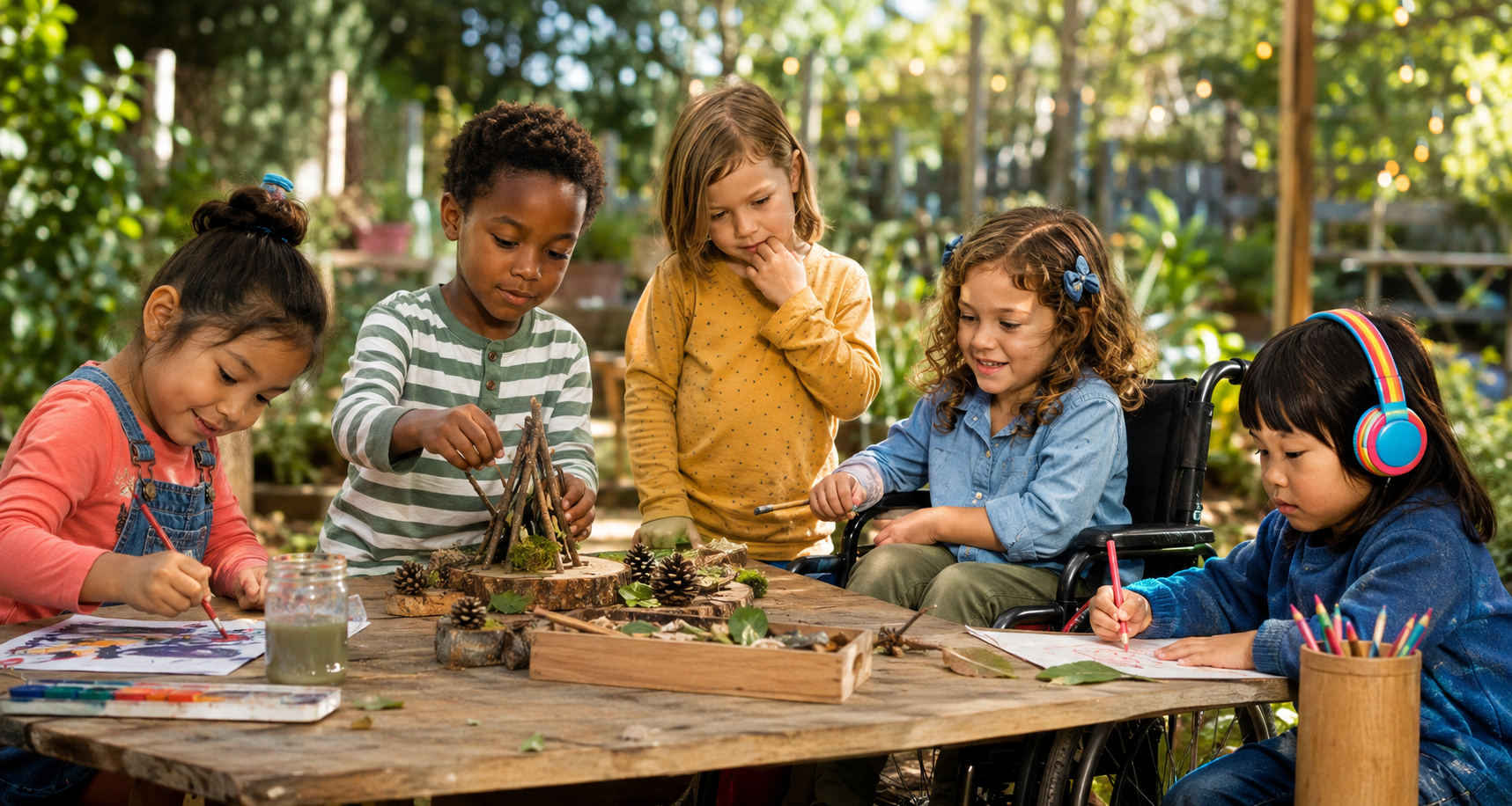 Six children, including one in a wheelchair, gather around a wooden table outdoors, engaging in art activities and nature crafts with leaves, pinecones, and sticks.
