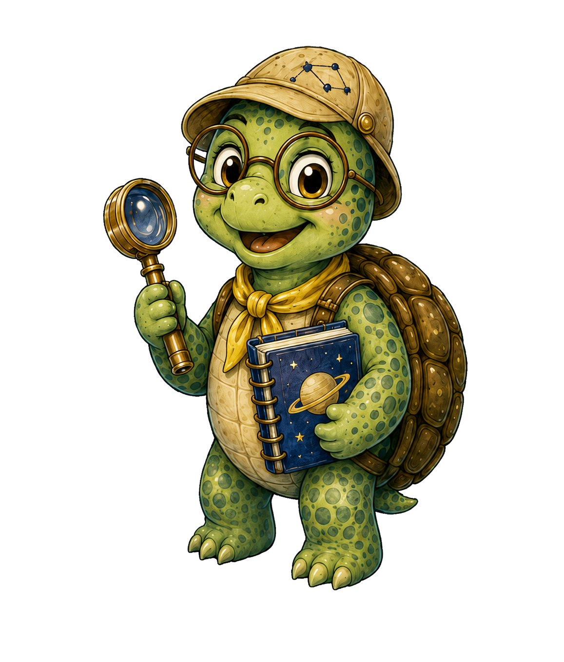 A cartoon turtle dressed as a science explorer, wearing glasses, a safari hat with constellation patches, and a backpack. It holds a magnifying glass in one flipper and a spiral notebook with a planet illustration in the other.
