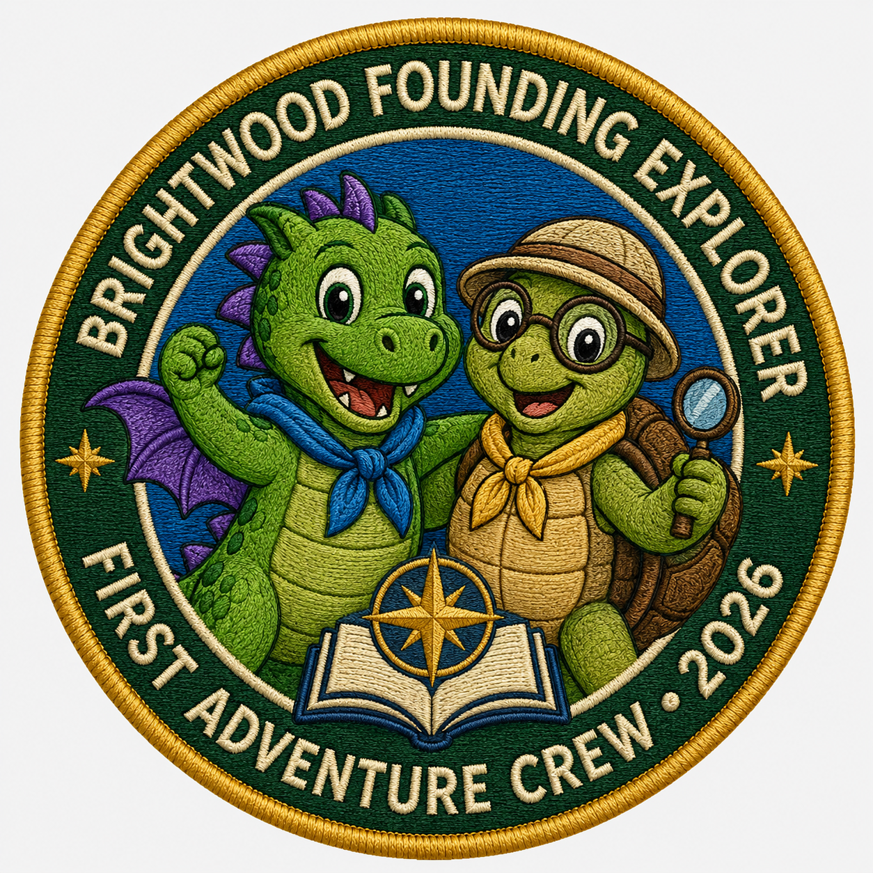 Colorful embroidered patch showing two cartoon alligators dressed as explorers, one with a blue scarf and the other with a yellow scarf, holding a magnifying glass, with a banner below saying 'First Adventure Crew, 2023', and the top says 'Brightwood Founding Explorer'.