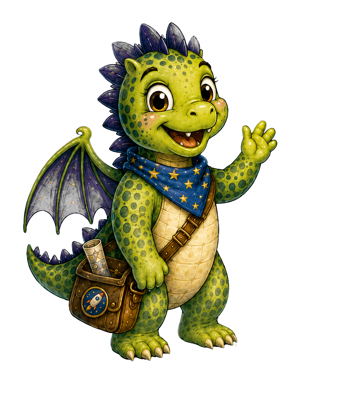 A cartoon baby dragon with green scales and dark blue spikes on its back and tail, smiling and waving. It has large eyes, a small horn on its nose, and is wearing a blue bandana with yellow stars. It carries a brown satchel with a rocket badge, and has tiny wings, a tail, and claws.