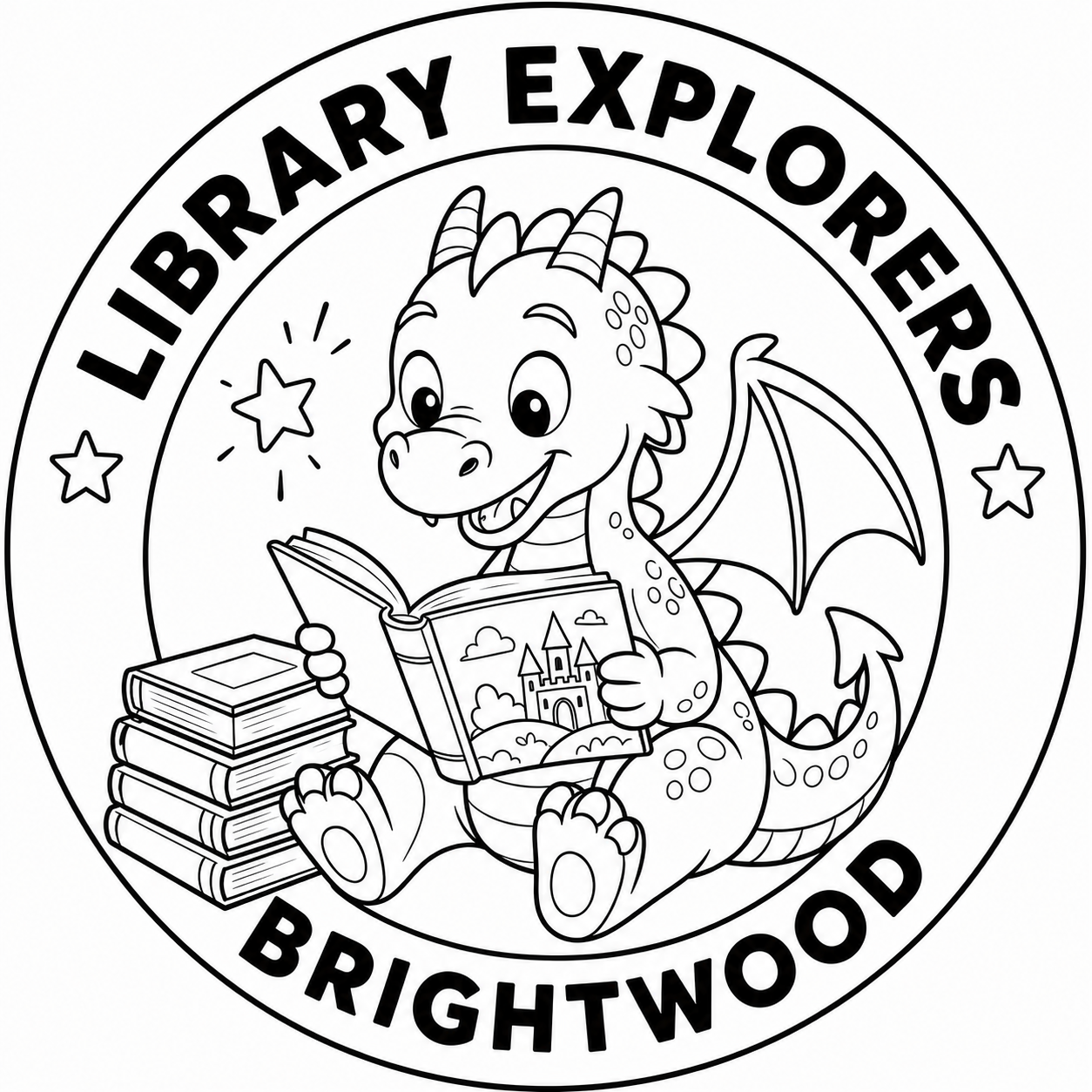 Black and white illustration of a friendly cartoon dragon reading a book, sitting on a pile of books, with a castle on the cover, inside a circular emblem that reads 'Library Explorers Brightwood'.