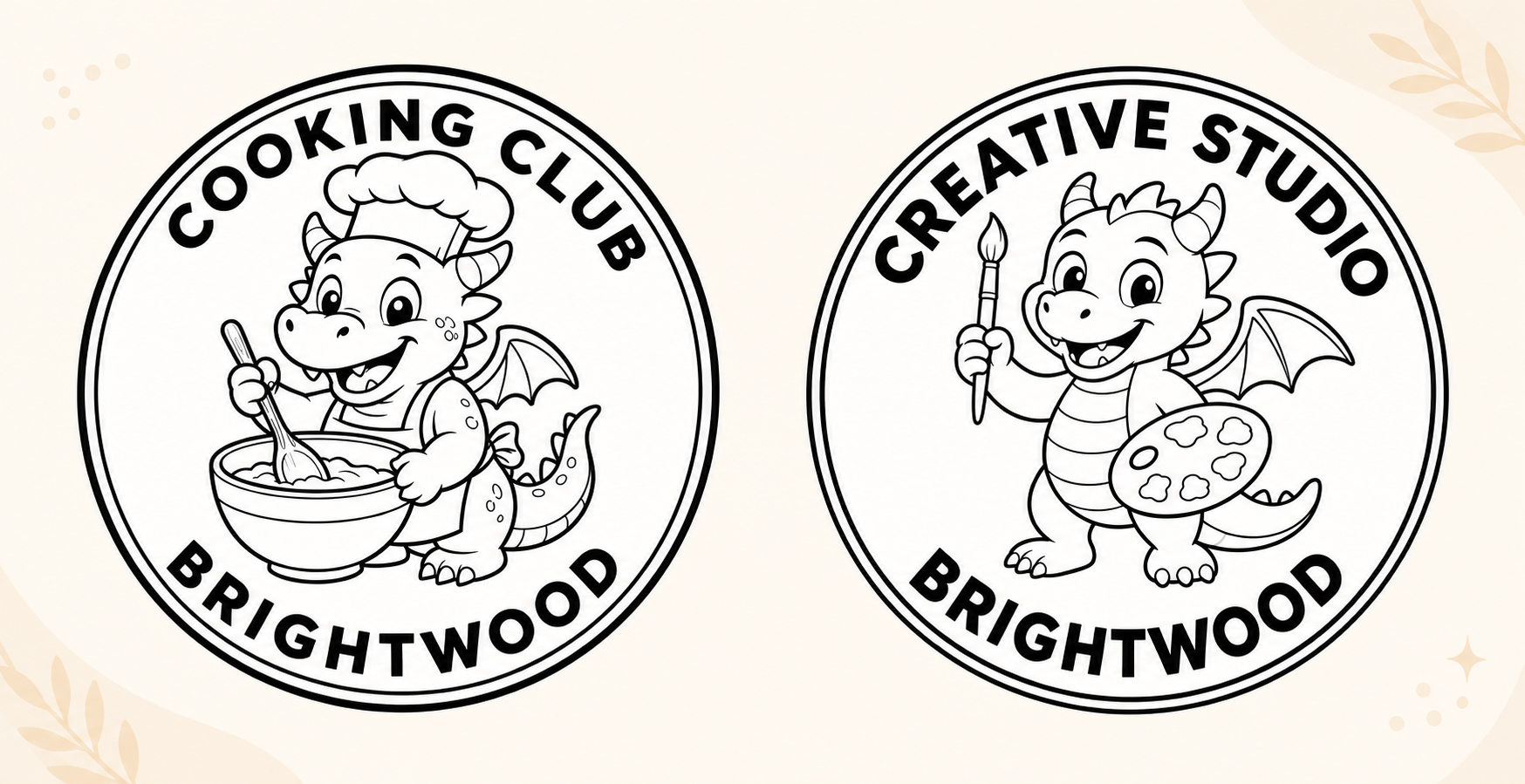 Two circular logos featuring cartoon dragons. The left dragon is wearing a chef's hat and holding a whisk over a salad bowl, representing the 'Cooking Club.' The right dragon is holding a paintbrush and palette, representing the 'Creative Studio.' Both logos have the text 'Brightwood' at the bottom.