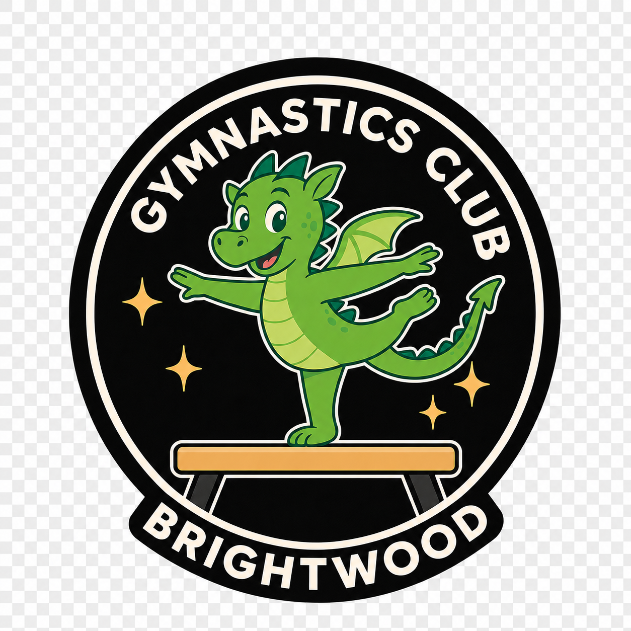 A logo for Brightwood Gymnastics Club featuring a cartoon green dragon standing on a balance beam, with its arms outstretched and a friendly expression, surrounded by a black circular background with the club's name and four yellow stars.