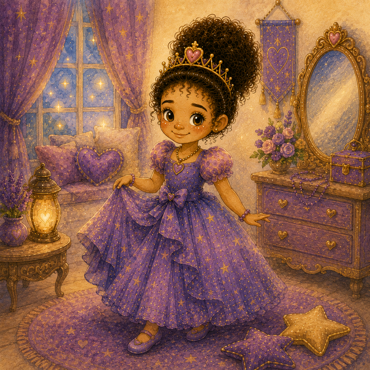 A young girl dressed as a princess in a purple gown with star patterns, standing in a decorated bedroom with purple and gold accents, holding the side of her dress.