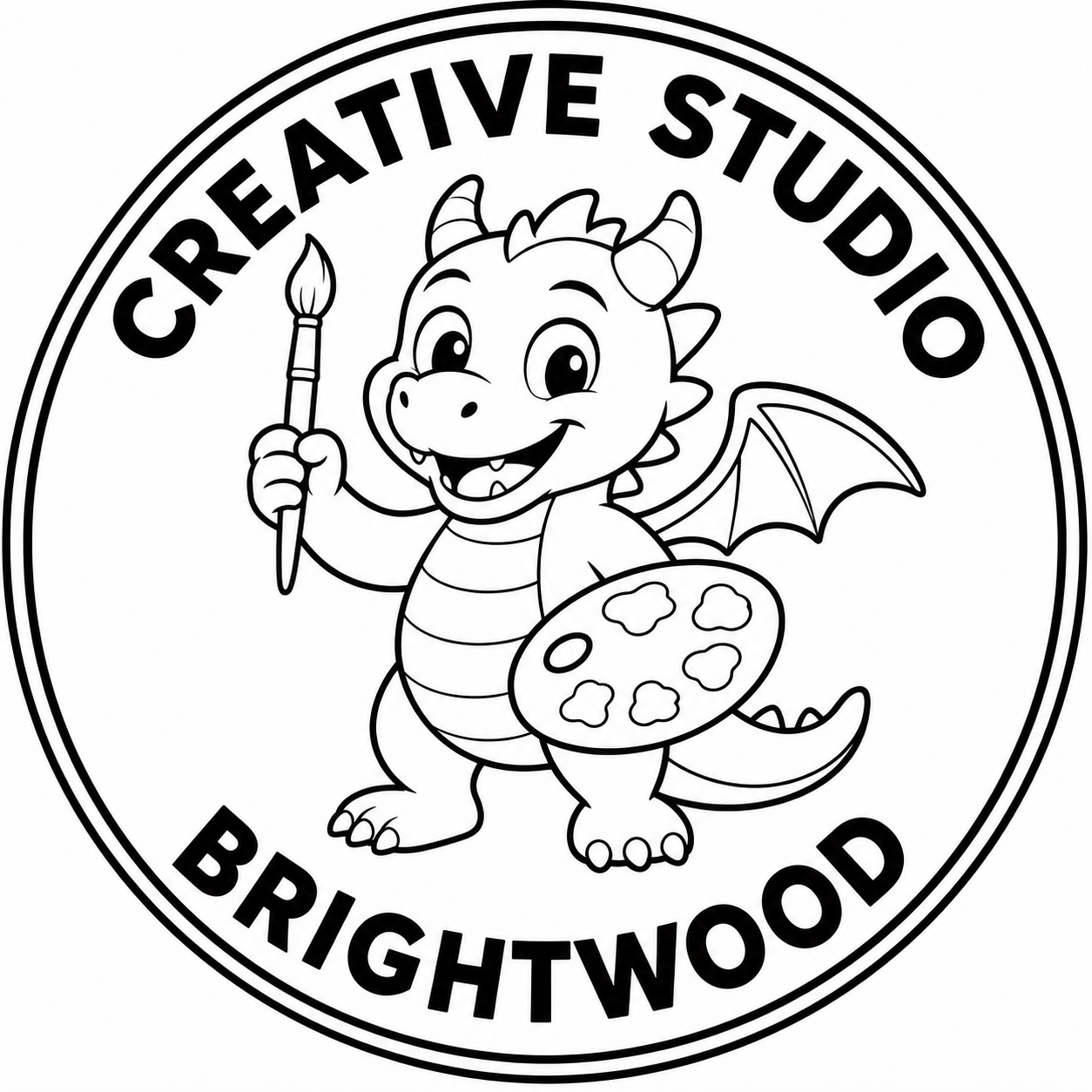 A black-and-white cartoon illustration of a cheerful baby dragon with small horns, wings, and a striped belly, holding a paintbrush in one hand and a paint palette in the other, with the text "Creative Studio Brightwood" displayed in a circular badge around the dragon.