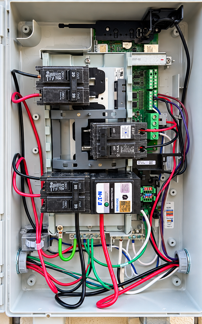 Open solar electrical enclosure showing breakers, wiring, circuit board and surge protector
