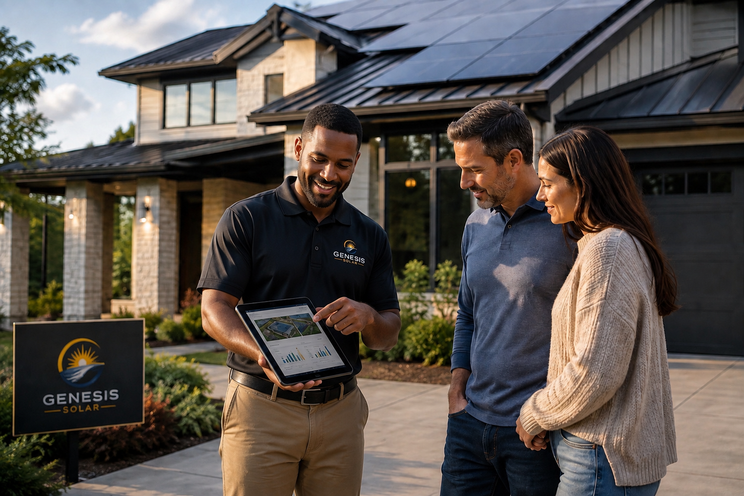 Genesis Solar team member reviewing system information on a tablet with homeowners outside their home
