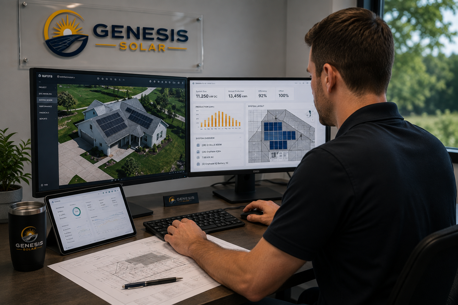 Genesis Solar team member reviewing a system layout and production data on computer monitors